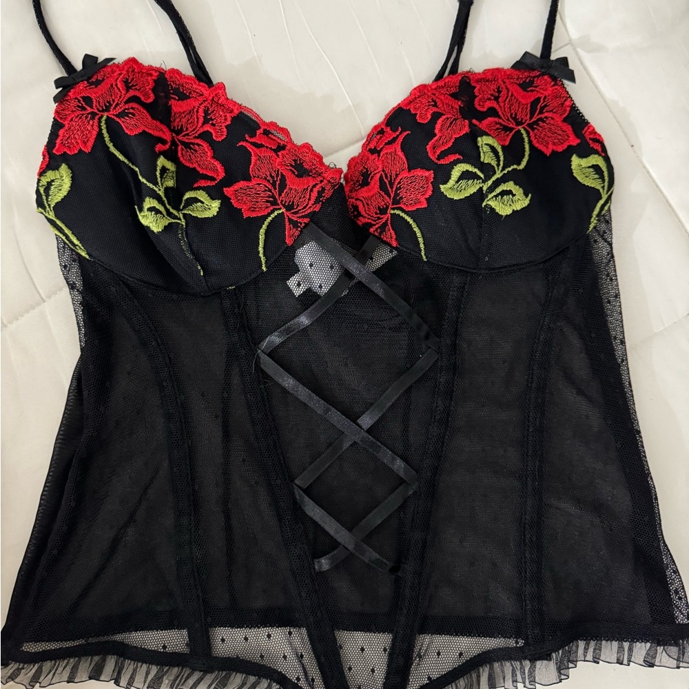 LACE ROSE EMBROIDERY CORSET TOP RUFFLE GOTH 🖤🖤 - Picture 3 of 5